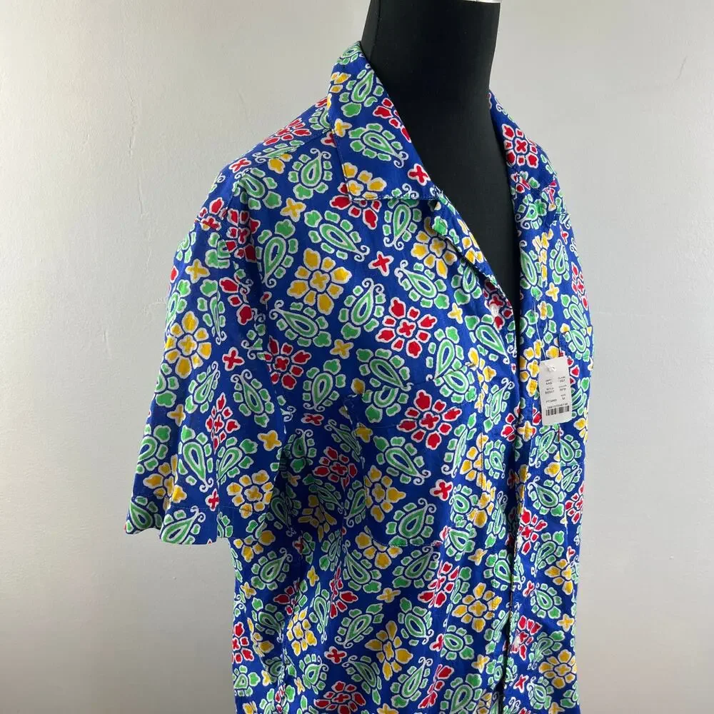 NWT J. Crew Slub Cotton Shirt Camp Collar Blue Floral Print Short Sleeve Size M